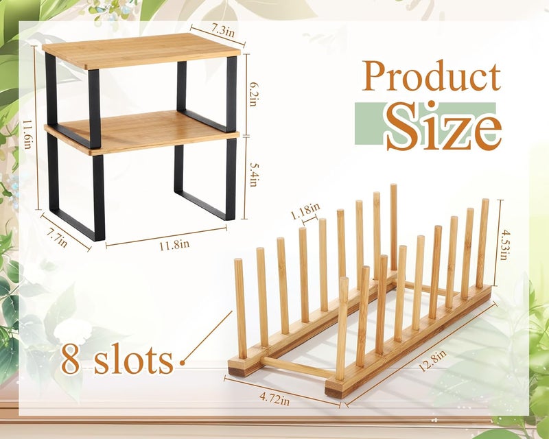 Marsui 4 Pcs Kitchen Organizer Accessories Set Cabinet Organizer Shelf and Bamboo Dish Drying Plate Rack Counter Shelves Storage Holder for Spice Rack, Dish, Pot Lid, Bowl, Cup(Light Color) - Image 2